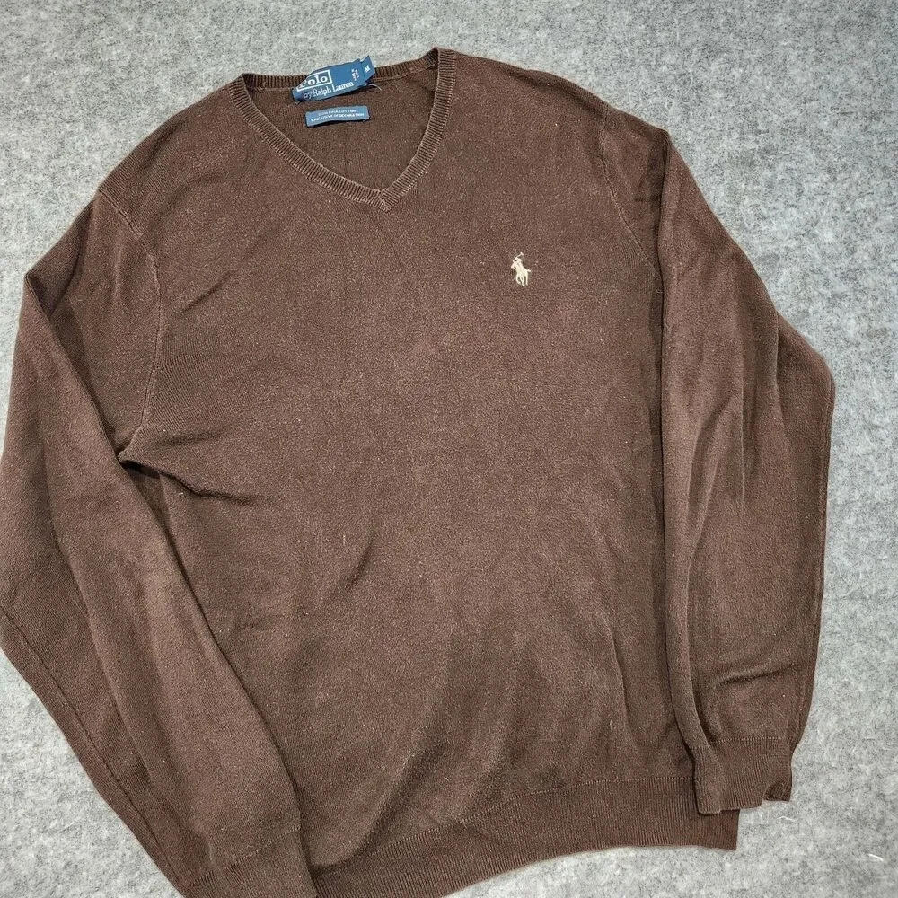 Polo Ralph Lauren PRL Mens M Medium 100% Pima Cotton Knit V Neck Sweater‎ Brown